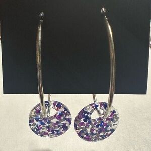 Silver Hoop Earrings with Purple & Blue Confetti Resin Discs